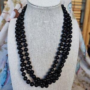 Black Agate Chalcedony Onyx Stone Knotted Beaded Long Vintage Mourning Necklace